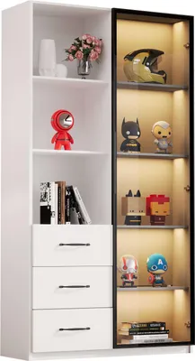 Produktbild von AIORBER LED Vitrine 80x40x160 cm Bücherschrank mit Glas Tür, LED Beleuchtung, 3 Schubladen und 3 offene Regale, Aufbewahrungsschrank Weiß