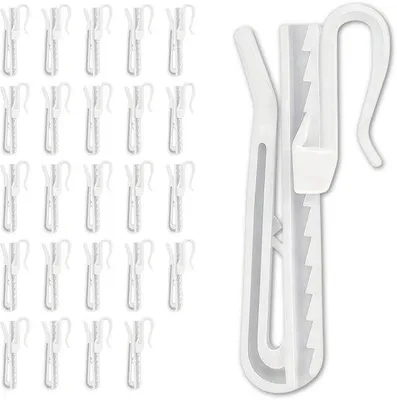 Zdjęcie produktu dla Zestaw 25 sztuk regulowanych haczyków do zasłon Unyqoos® Somstyle – klipsy do zasłon o długości 8,5 cm, białe, wykonane z tworzywa sztucznego, przeznaczone do montażu na taśmie i szynie do zasłon