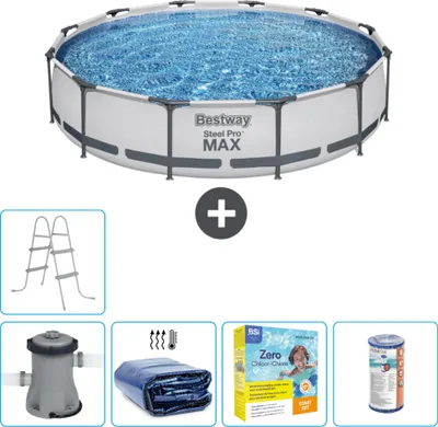 Immagine prodotto di Piscina Bestway Round Steel Pro MAX - 366 x 76 cm - grigio - inclusa pompa - tenda - pacchetto manutenzione - filtro - scaletta