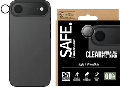 Obrázok produktu pre PanzerGlass SAFE. by ® Camera Lens Protector Transparent iPhone Air, Apple, Apple - iPhone Air, Suché aplikovanie, Odolné proti poškriabaniu, Odolný proti nárazom, Priehľadná, 1 kusov