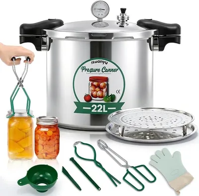 Obrázok produktu pre 22-litrový parný hrniec s tlakom 5-10-15 PSI a manometrom, sterilizačný prístroj s kovovým dnom, kompatibilný s indukčnými a plynovými sporákmi, multifunkčný rýchlovarný hrniec a parné hrnce