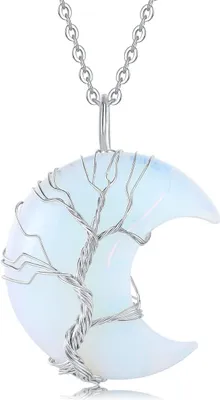 Produktbild von Halsketten für Damen, Halskette mit Halbmond-Anhänger, Lebensbaum, drahtumwickelte Kristallketten, natürlicher Edelstein-Quarzschmuck für Damen und Herren