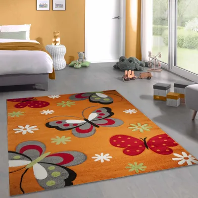 Produktbild von Süßer Kinderzimmerteppich mit Schmetterlingsdesign in orange Größe - 160 x 230 cm