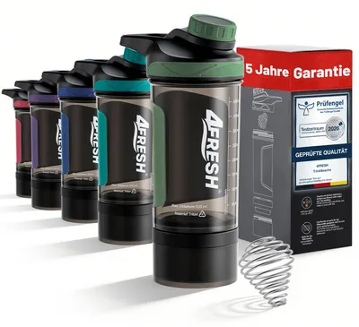 Produktbild von 4FRESH Protein Shaker Flasche 500 ml aus Tritan - BPA-Frei mit Skala & Magnetverschluss, Spiralmixer & Aufbewahrungsbox für Pulver & Kapseln