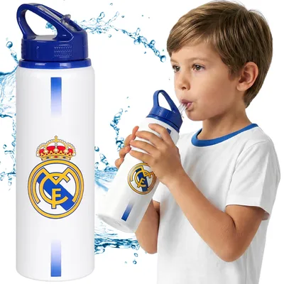 Produktbild von Real Madrid Aluminiumflasche mit Trinkverschluss für Fans, Fußball-Trinkflasche für Jungen mit Haltegriff, 750 ml