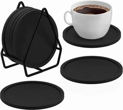 Immagine prodotto di Sottobicchieri rotondi antiscivolo in silicone nero, set da 8 pezzi
