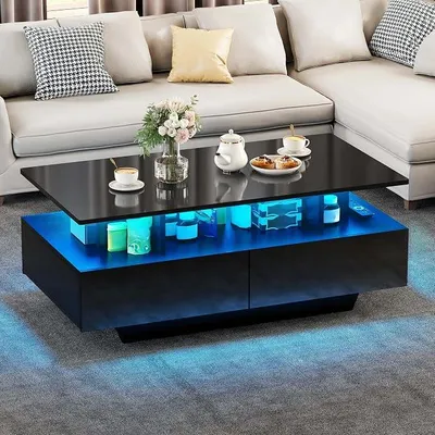 Produktbild von Couchtisch Schwarz, Wohnzimmertisch Hochglanz mit 16-Farbiger LED Beleuchtung Modern, Beistelltisch Schwarz mit Offenem Ausstellungsregal und 4 Ausziehbaren Schubladen 90x55x41,1 cm