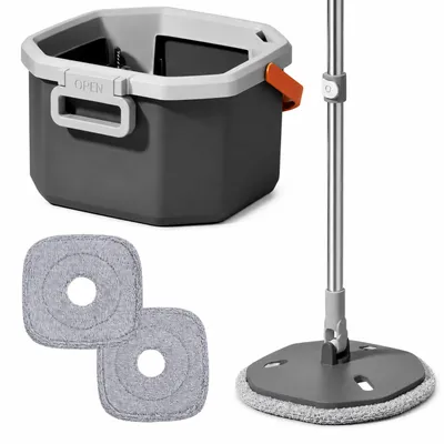 Produktbild von Relaxdays Wischmopp Set, 6 l Eimer mit Frischwassertank, HxBxT: 20x34x33 cm, 2x Mikrofaser-Moppköpfe, für Ecken, grau