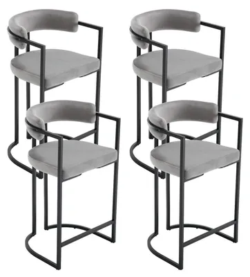 Zdjęcie produktu dla Zestaw 4 barowych stołków, obicie z weluru, metalowa konstrukcja, kolor szary, wysokość siedziska 66 cm