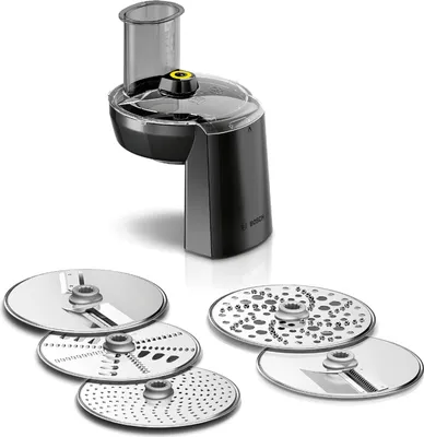 Produktbild von Bosch Zubehör MUZS68VL, VeggieLove Set, Durchlaufschnitzler, 5 Scheiben, Raspeln, Schneiden, Reiben, für Küchenmaschine Serie 6, 8, schwarz/edelstahl