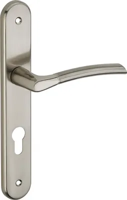 Produktbild von Komplettsatz für Türdrücker für Haustüren, Modell Eris, mit Zylinderloch, Vierkantstift 7 mm, Mittelteilabstand 195 mm, gebürstetes Nickel – THIRARD