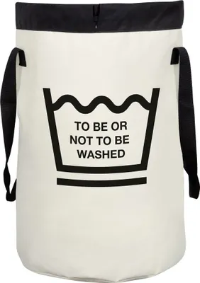 A white laundry basket with a black rim and handles, featuring a graphic of a washing tub and text.