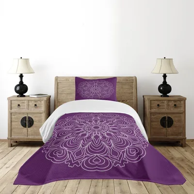 Produktbild von ABAKUHAUS lila Mandala Tagesdecke Set, Lacework Curlicue Design mit abstrakten Kurven und Wellen drucken, 170 x 220 cm, Lila und Pale Mauve