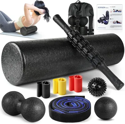 Productafbeelding van Diepe weefselmassage set - 7-in-1 schuimroller, spierenrolstok, weerstandsbanden, voetmassagebal en stretchband voor fysiotherapie en lichaamsbeweging
