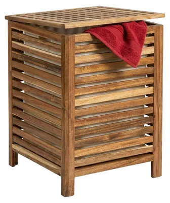 Produktbild von Relaxdays Wäschetruhe, herausnehmbarer Sack, 80 l, HBT: 65,5x45x45 cm, Wäschesammler mit Deckel, Akazienholz, braun/weiß