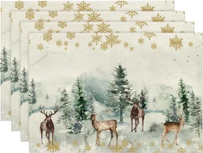 Produktbild von 4er Set Platzsets Weihnachten – Mode Kiefern, Elch & Schneeflocken Tischdeko (30x45cm) für Winter Urlaub, Bankett & Partys