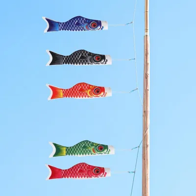 Immagine prodotto di Bandiere a forma di carpa, confezione da 5 pezzi. Decorazioni giapponesi per il giardino, bandierine a forma di pesce koi, sacchetti al vento, 40 cm, in raso