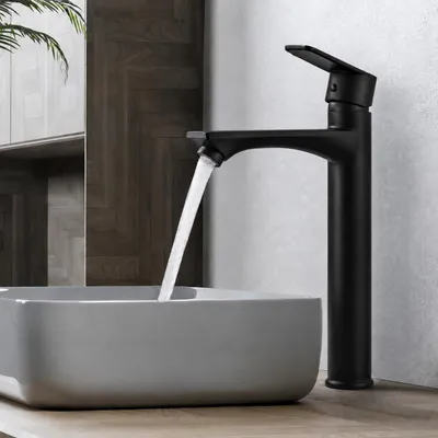 Zdjęcie produktu dla Bateria umywalkowa, czarny mat, bez ołowiu, okrągła, wysokość 305 mm