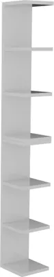 A tall, narrow, white corner shelf unit with multiple shelves.