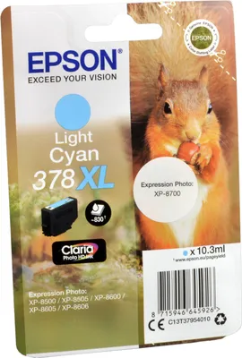 Produktbild von Epson Squirrel Singlepack Light Cyan 378XL Claria Photo HD Ink, Hohe (XL-) Ausbeute, Helle Cyan, Tinte auf Pigmentbasis, 10,3 ml, 1 Stück(e), 830 Seiten