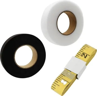 Three sewing items are arranged on a white background: a roll of black tape, a roll of white tape, and a yellow measuring tape.