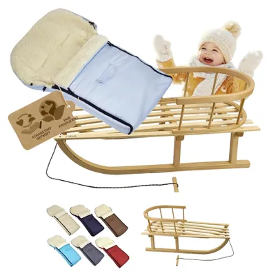 Produktbild von Holzschleppe mit Rückenlehne und Fußsack für Kinder