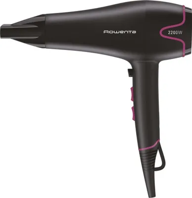 A black Rowenta hair dryer with pink accents is shown against a white background.