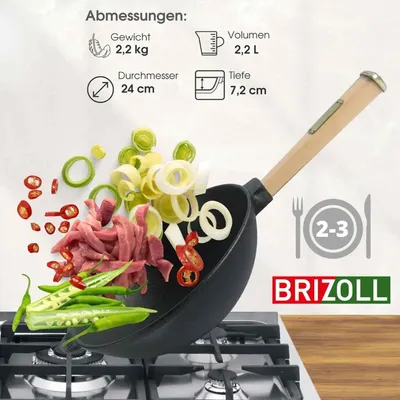 Produktbild von Gusseisen Wok Pfanne 24 cm BRIZOLL Wokpfanne 2,2 L für Gasgrill, Herd, Ofen, Lagerfeuer Asia Gusseisenpfanne Induktionsgeeignet Cast Iron