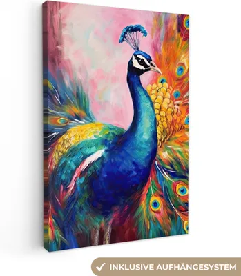 Produktbild von MuchoWow® - Leinwandbilder - Pfau - Tiere - Malerei - Regenbogen, Wandbild, Wanddeko Bilder Wohnzimmer, 20x30 cm