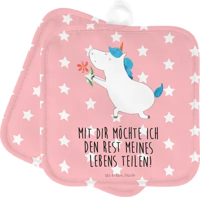 Produktbild von Mr. & Mrs. Panda Topfuntersetzer Einhorn Blume - Rot Pastell - Geschenk, Topflappen Set, Unicorn, Pärchen, Ehe, Liebe, topfhalter, Partner, Kochlappen, Ofenlappen