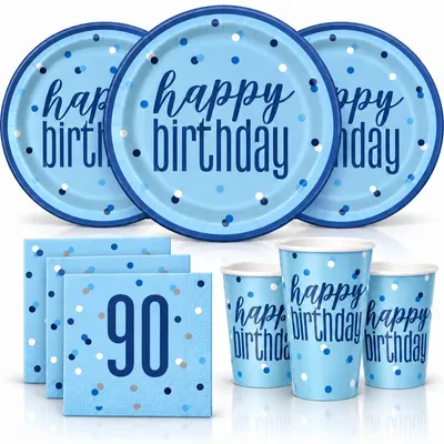 Produktbild von 90. Geburtstag Partyset Einweggeschirr hellblau blau 48 tlg. Partygeschirr Teller Becher Servietten