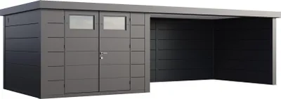 Produktbild von Telluria Metallgerätehaus Classico 3030 mit Lounge Anbau (ca. 450 cm Breite) granitgrau/anthrazit Lounge-Anbau rechts