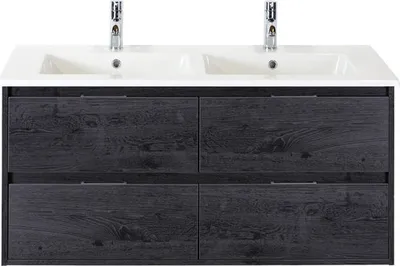 Produktbild von Sanox Badmöbel-Set Porto BxHxT 121 x 57 x 51 cm Frontfarbe black oak mit Doppel-Waschtisch Keramik weiß Griff chrom 8471