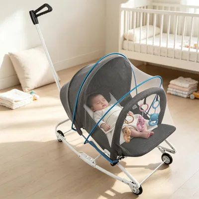 Produktbild von 2 in 1 Babywippe,Babyschaukel Klappbar mit Schubstange,Schaukelsitz mit Spielbogen Spielzeugen und Moskitonetz für Säuglinge von 0–6 Monaten Grau