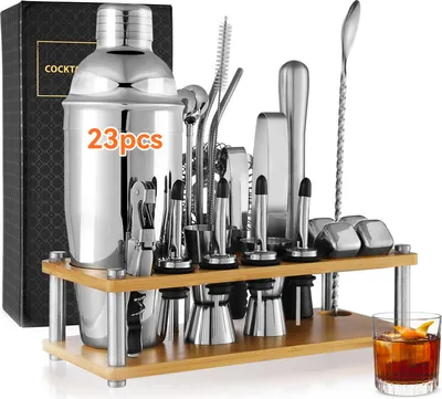Produktbild von Cocktail Shaker Set aus Holz 23-teilig, 750ml Bartender-Set mit Edelstahl Zubehör & Bambus Ständer für Bar & Zuhause