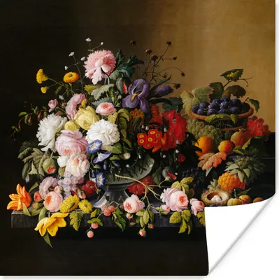 Produktbild von MuchoWow® Poster Stilleben mit Blumen und Früchten - Kunstwerk - Alte Meister 75x75 cm - Wand Dekoration