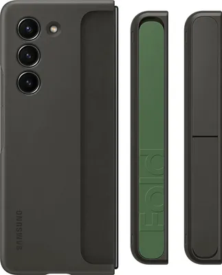 A graphite-colored Samsung Galaxy Z Fold5 standing case is shown next to its green S Pen accessory.