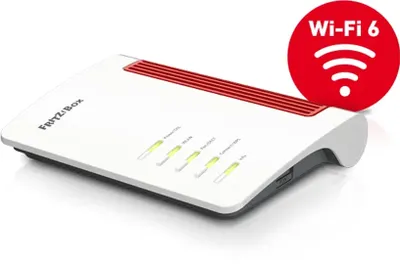 A white and gray FRITZ!Box 7530 AX router with red accents, shown on a white background. A red circular overlay with a Wi-Fi symbol and the text "Wi-Fi 6" is present in the top right corner.