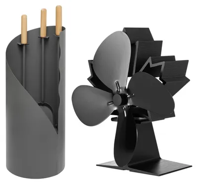 Produktbild von Raik Kaminbesteck Otto 3-teilig + stromloser Kaminventilator / Ofenventilator 4-Blatt, Set