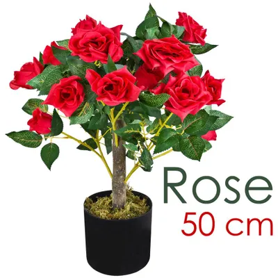 Image de Rosier Rose Plante Artificielle Artificiel avec Floraisons Rouge 50 cm Bois Naturelles Decovego