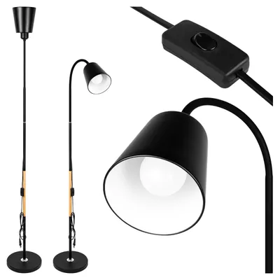 A collage of images showing a black floor lamp with wooden accents, a close-up of the lamp head, and a close-up of the power switch.