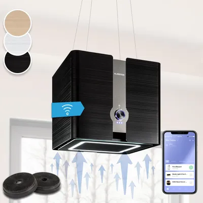 Produktbild von Klarstein Futurelight Smart Dunstabzugshaube freihängend - Abzugshaube Umluft mit 413m³/h Abluftleistung, Inselhaube Umluft mit LED-Beleuchtung, Edelstahl, schwarz