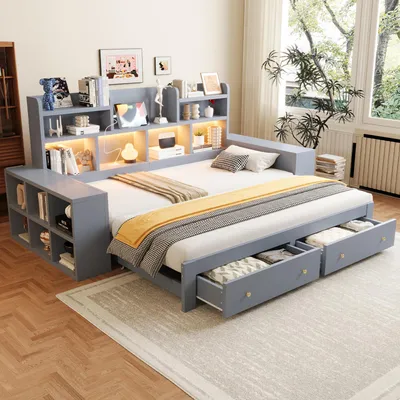 Productafbeelding van Flieks dagbed 90x200 cm met uitschuifbaar bed, kinderbed met leerdetails en lade, slaapbank met houten frame en opbergruimte, grijs