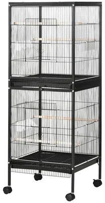 Produktbild von Zweist?ckiger Vogelk?fig mit Rollen, herausnehmbaren Schalen, Tš¹ren, Futtertr?gen und Sitzstangen, 51,5 x 50 x 140 cm, Schwarz