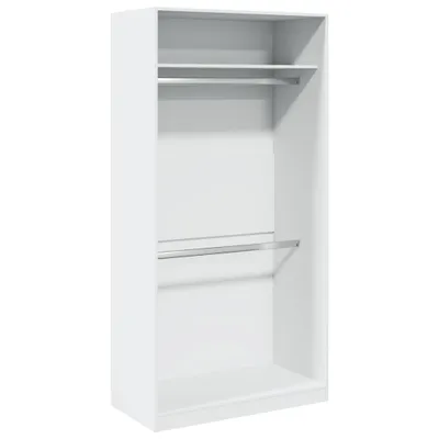 An empty white wardrobe with two hanging rails and one shelf.