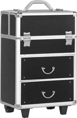 Image de HOMCOM Valise trolley maquillage mallette cosmétique vanity poignée télescopique réglable 36L x 23l x 58H cm alu ABS noir