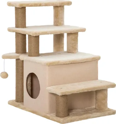 Produktbild von Haustiertreppe, Kratzbaum, 4 Stufen, Spielball, Häuschen, höhenverstellbar, 60 x 40 x 66 cm, Beige