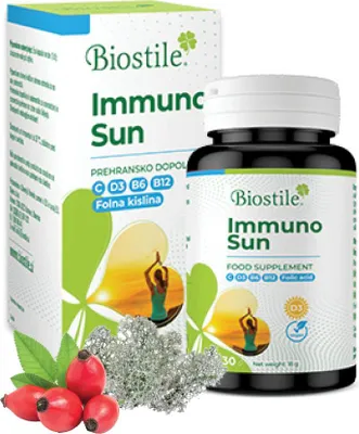 Obrázek produktu pro Biostile Immuno Sun kapsle - 3800 IU vitamínu D3, extrakt z reishi, vitamín C, B6, B12 a kyselina listová