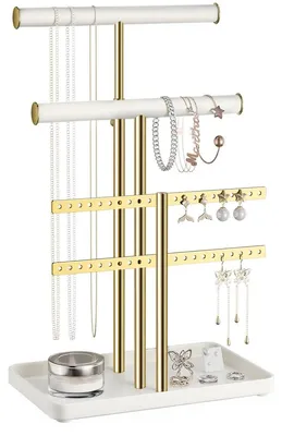 Produktbild von Schmuckhalter Schmuckständer Organizer - Höhenverstellbar 25-43 cm - Samt und Metall - Weiß und Gold - 5 Ebenen