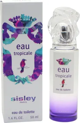 Sisley Eau Tropicale 50 ml Eau de Toilette mit exotischem Design, lila Farbverlauf und tropischem Vogel auf Flasche und Verpackung.